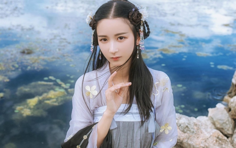 hairstyle, lifestyles, beauty, 1080P, real people, casual clothing, standing, traditional, portrait, long hair, looking at camera, Chinese dress, waist up