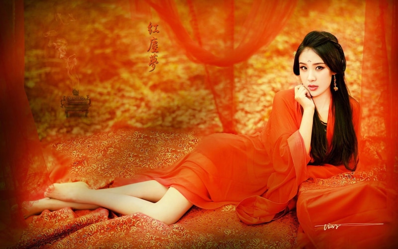 red, young adult, sitting, long hair, hanfu, looking, teenager, adult, fashion, hairstyle, women, nature, 720P, relaxation, plant, beautiful woman, lifestyles