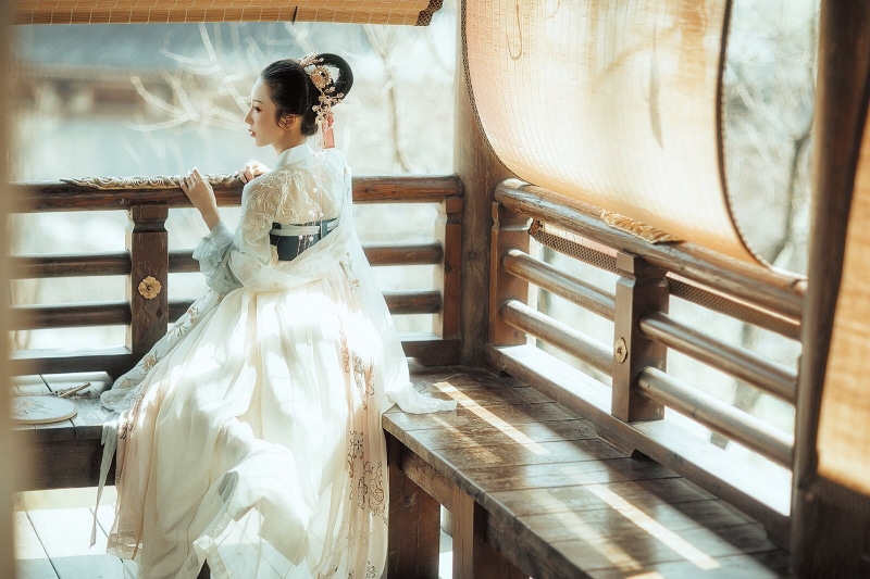 wedding, newlywed, indoors, bride, young women, three quarter length, hairstyle, fashion, white color, real people, standing, young adult, Chinese dress