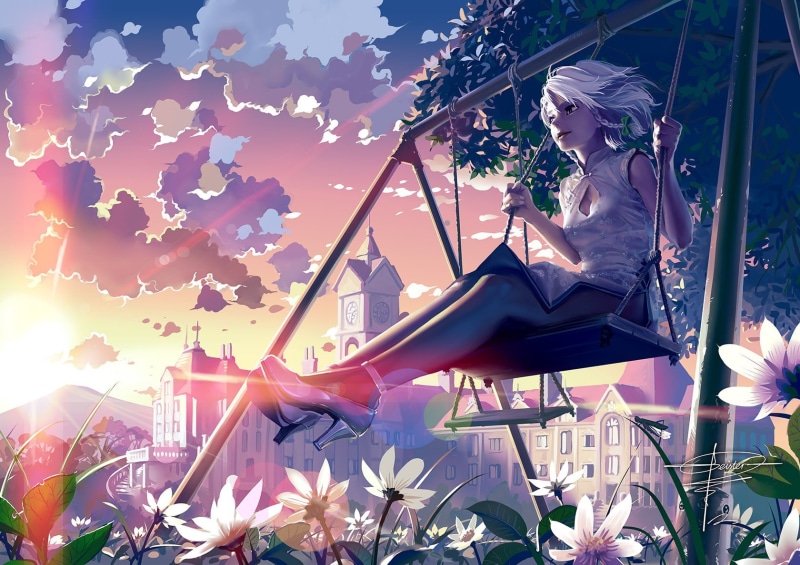 leisure activity, art and craft, nature, real people, flowering plant, sky, Pixiv, built structure, one person, Touhou, creativity, Cheongsam, flower, anime girls