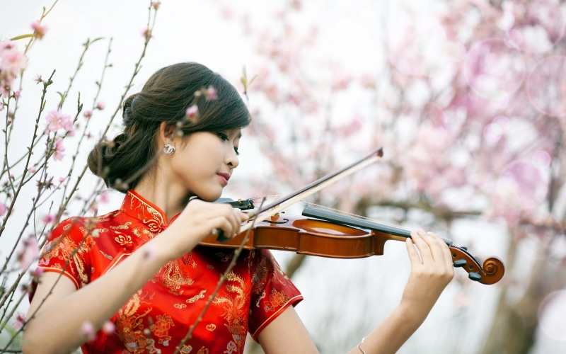 Red, Play, Cheongsam, Girl, Violin, 2K