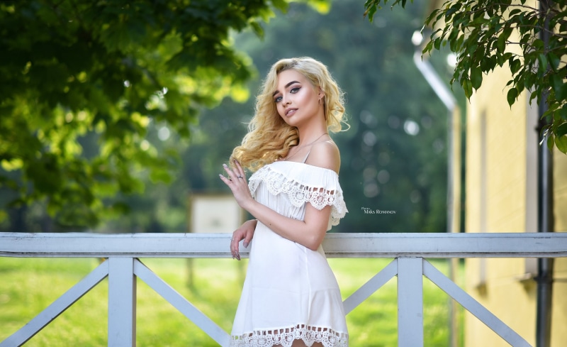 three quarter length, tree, lifestyles, standing, focus on foreground, white dress, long hair, 2K, beautiful woman, real people, fashion, Maksim Romanov
