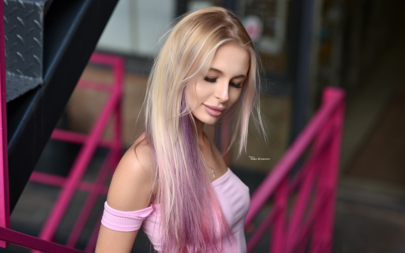 blond hair, Maksim Romanov, hair, long hair, young women, looking, leisure activity, blonde, closed eyes, casual clothing, smiling, lifestyles, 2K, adult