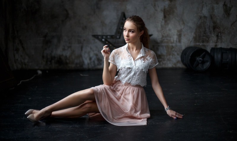 dress, beautiful people, looking away, young women, full length, ballet, painted nails, sitting, brunette, portrait, Maksim Romanov, on the floor, 2K