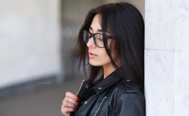leather, red nails, one person, black hair, glasses, Maksim Romanov, young adult, lifestyles, closed eyes, women, 2K, hair, beautiful woman, women with glasses