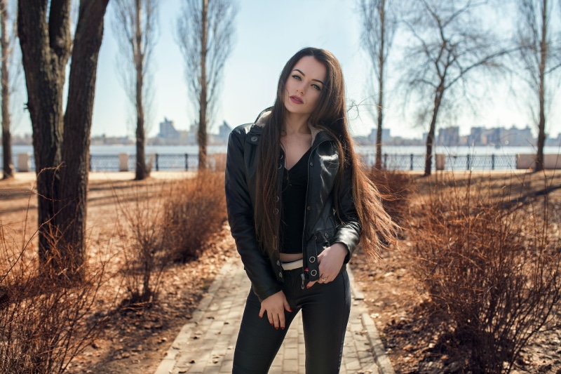 hairstyle, girl, leather jacket, Dmitry Shulgin, photo, pants, leather pants, mouth, pose, lipstick, black tops, 2K, park, photographer, depth of field
