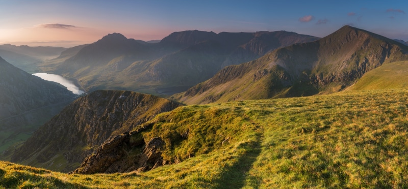 4K, Snowdonia, photo, Glyderau, green, Ogwen Valley, North Wales, green mountain, mountains, nature, panorama, sunlight, hill, Sunrise, outdoors, sunset
