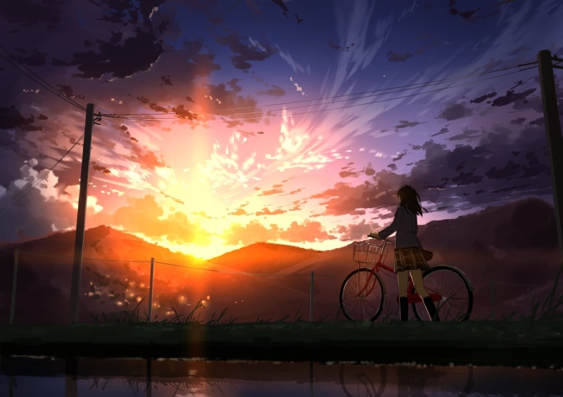 silhouette, sky, mode of transportation, water, idyllic, orange color, lens flare, 1080P, sun, sunset, beauty in nature, sunlight, Anime, real people