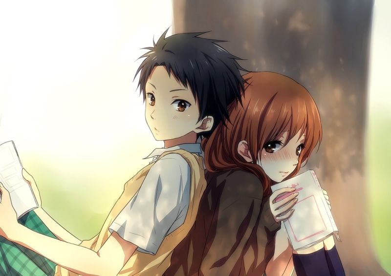 girl, uniform, anime, love, couple, guy, tree, 720P, school