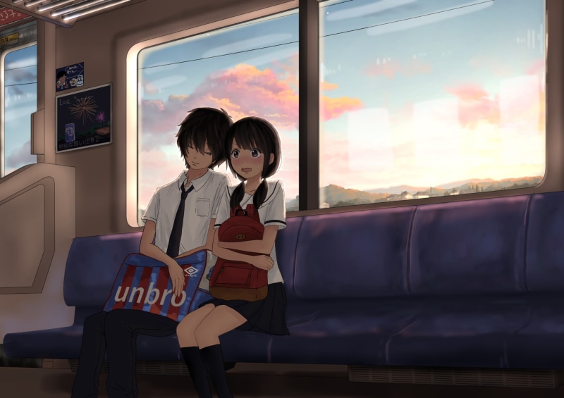 public transportation, school uniform, real people, two people, mode of transportation, casual clothing, rail transportation, childhood, shy expression