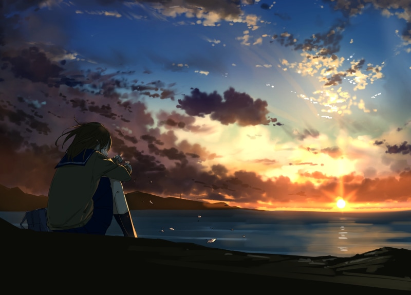 clouds, cloud - sky, tranquility, crying, leisure activity, nature, outdoors, scenics - nature, anime girl, school uniform, adult, women, water, beach