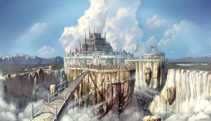 Anime, 4K, panoramic, building, reflection, no people, valley, ragnarok online, cloud - sky, outdoors, sky, water, clouds, built structure, travel, scenic