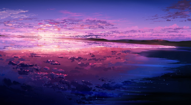 Anime, Sunset, Original, Purple, Sky, Ocean, Reflection, 1080P