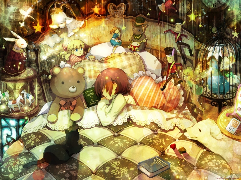 male likeness, retail, still life, indoors, 720P, lighting equipment, in bed, creativity, decoration, anime girls, teddy bears, belief, religion, choice