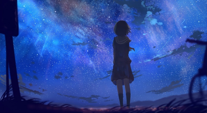 astronomy, leisure activity, sky, nature, space, galaxy, anime girl, blue, back view, Anime, night, star - space, water, school uniform, one person, rear view