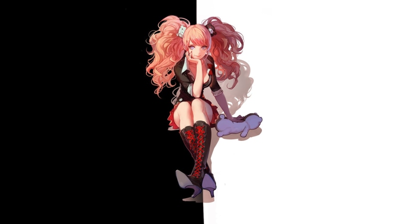 studio shot, white background, nature, indoors, adult, 1080P, one person, Monobear, temptation, Enoshima Junko, digital composite, Danganronpa, anime