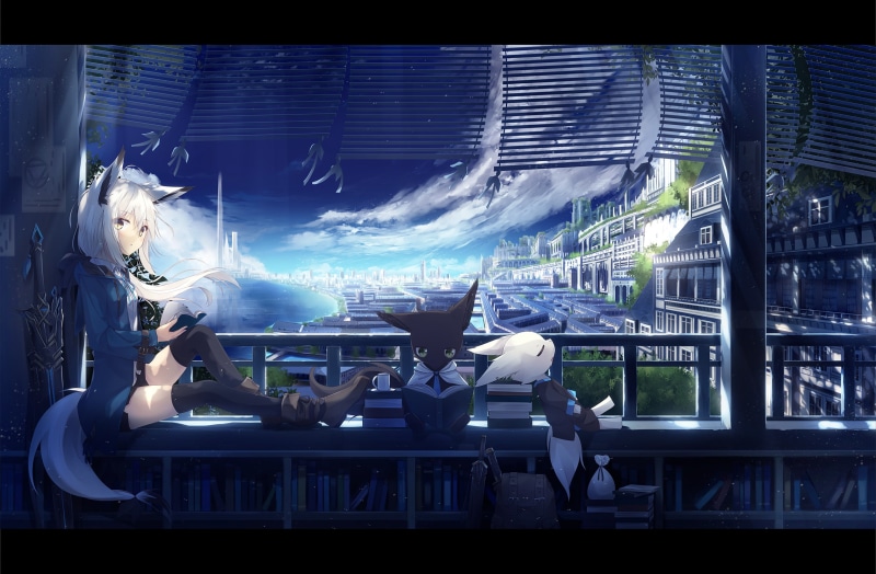 Sky, Scenic, Cityscape, Kitsune, Girl, Anime, 1080P, Original (Anime), Sword, Original