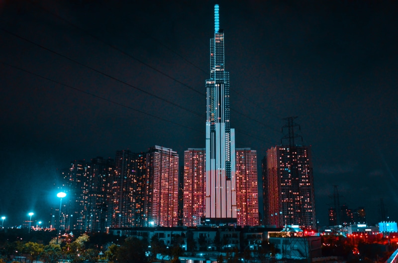 building, photo, modern, building exterior, low angle view, skyscraper, nightlife, office building exterior, light, outdoors, illuminated, development