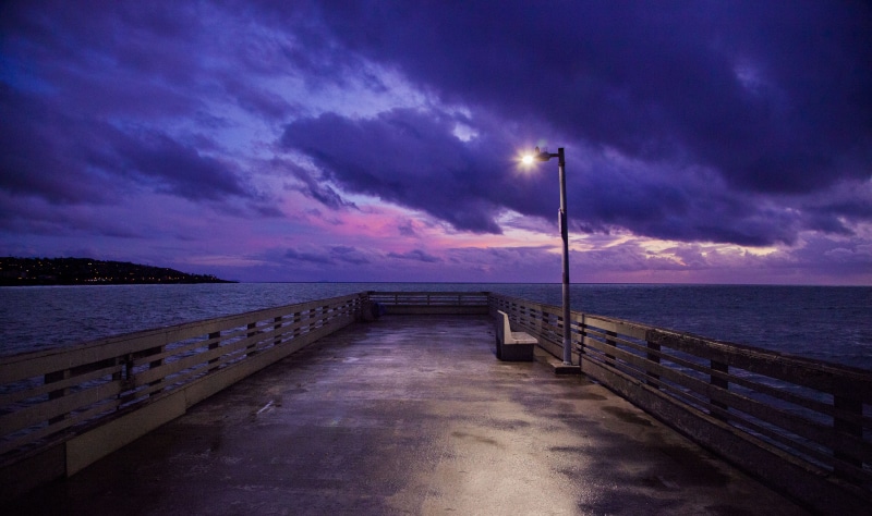 tranquil, idyllic, pier, sea, ocean, dock, serenity, 5K, no people, view, cloud - sky, street light, scenery, jetty, beauty in nature, bench, dusk, outdoors