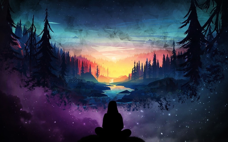 Fantasy, digital art, girl, forest, two dimensions, scenic, river, 1080P, stars, silhouette