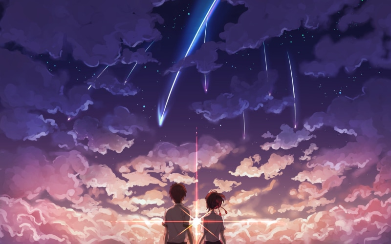 lifestyles, beauty in nature, nature, 1080P, standing, people, illuminated, low angle view, kimi no na wa, night, rear view, scenic, two people, cloud - sky