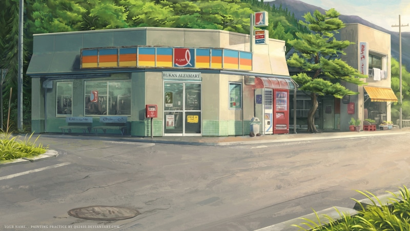 outdoors, street, nature, no people, trees, road, kimi no na wa, text, scenic, built structure, plant, 2K, shop, sign, architecture, communication, building exterior