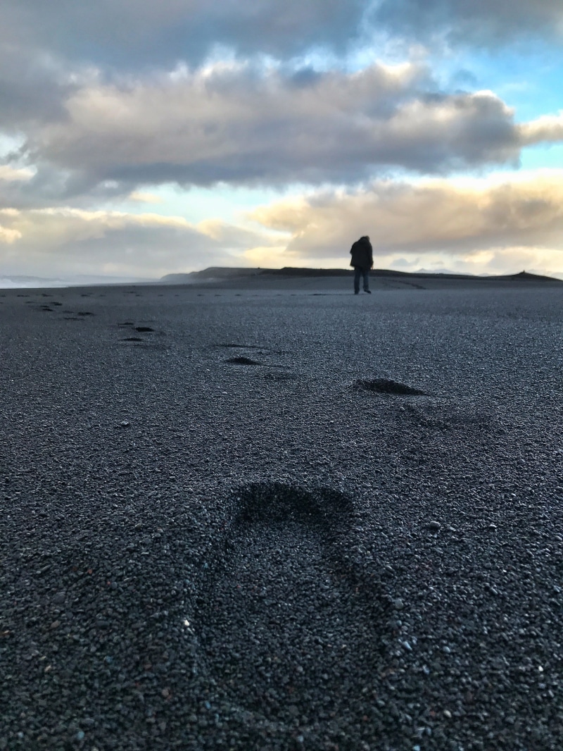cloud - sky, footsteps, iceland, leaving, lifestyles, gray, sand, daytime, sunset, beauty in nature, black sand, black, horizon over water, scenics - nature