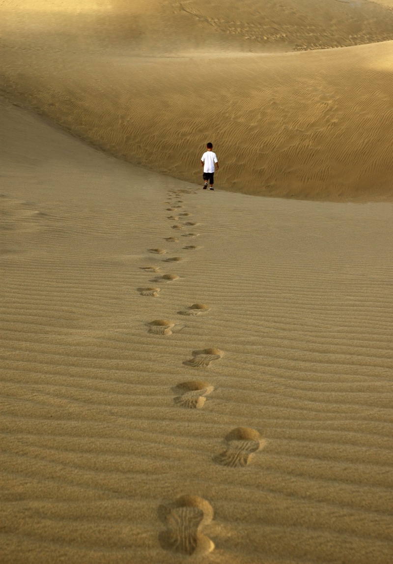 real people, beauty in nature, outdoors, men, footprint, land, full length, rear view, tranquility, dunes, leisure activity, footprints, hiking, water