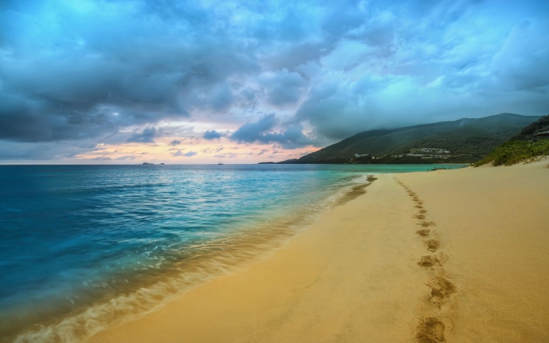 shore, beach, cloud, beaches, 2K, coast, ocean, blue, brown, footsteps, 2880x1800, sand
