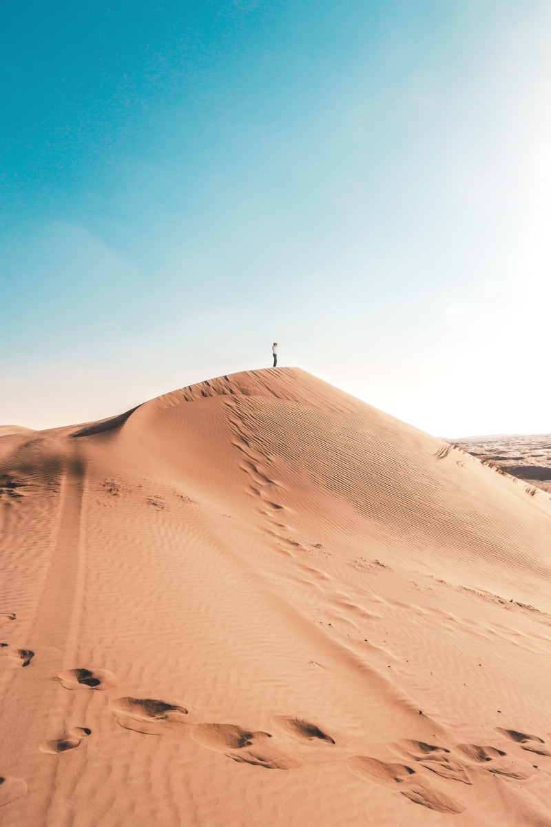 dry, land, sand dune, atmospheric, standing, sand, outdoors, day, non-urban scene, 5K, tranquility, nature, arid climate, beauty in nature, clear sky