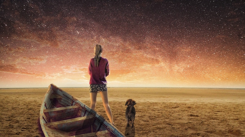 horizon, beauty in nature, beside, horizon over water, following in the footsteps, travel, bathing beach, white sandy beach, girl, sunset, star - space