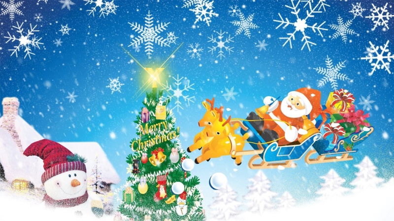 feliz navidad, sleigh, santa claus, trees, gifts, snowflakes, santas, tree, 1080P, house, toys, christmas, ride, merry, snowman