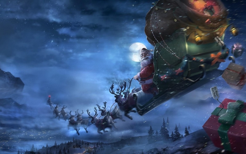 4K, Gifts, sleigh, Download 3840x2400 Santa claus, reindeer backgrounds, flying, santa claus, christmas