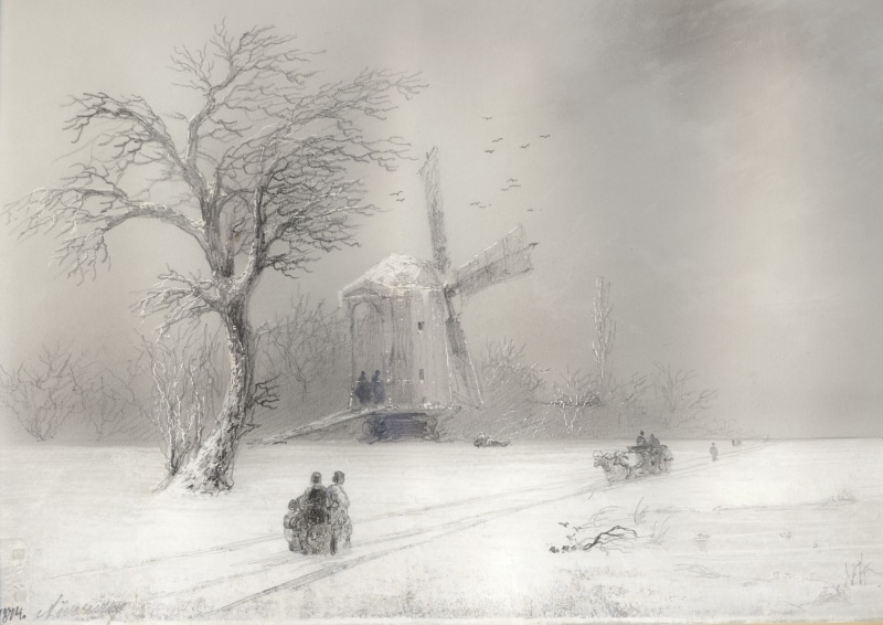 outdoors, painting, Aivazovsky, field, frozen, cover, beauty in nature, fog, Blizzard, road, black And White, sky, environment, 2K, winter, architecture