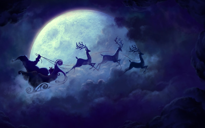 Christmas, sleigh, santa, clouds, 2K, Christmas sleigh, Moon, reindeer, Santa Claus