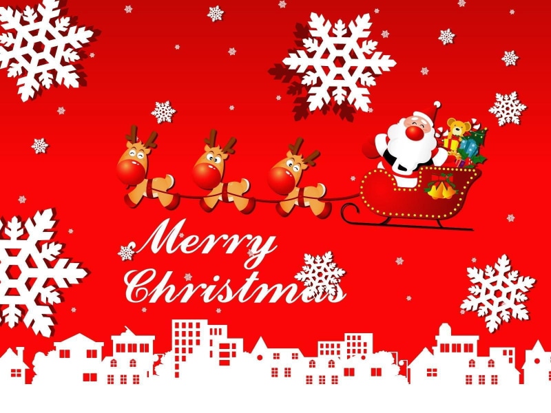 claus, santa, 720P, city, santa claus, sleigh, reindeer, snowflakes, christmas, presents