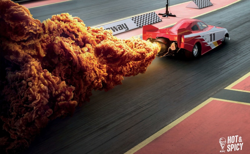 red, no people, snack, spicy, transportation, freshness, road, design, motor vehicle, close-up, day, land vehicle, FriedChicken, 4K, text, fastfood, Food and Drink