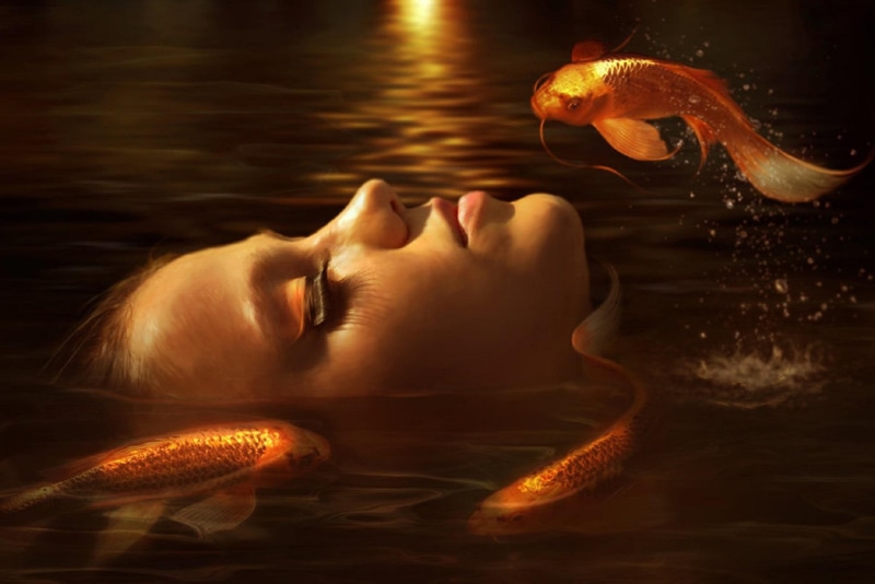 golden, photomanipulation, women, water, golden-fishes, 1080P, fantasy, colors, beautiful-girls, digital-art, fishes