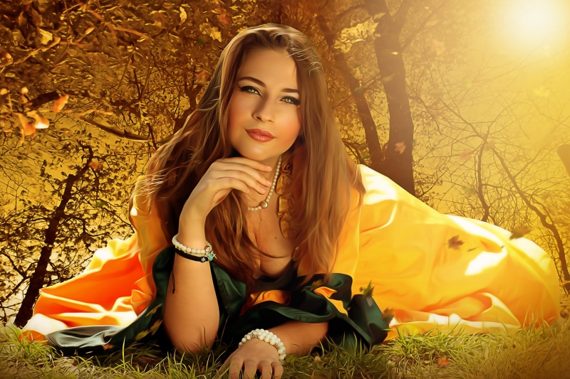 nature, leaves, gown, woman, one person, real people, outdoors, beautiful woman, fantasy portrait, fantasy, medieval dress, trees, light, portrait, hairstyle