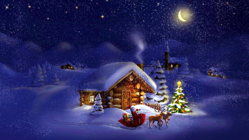 snowing, winter night, illustration, log cabin, timber house, village, snow, winter, christmas night, santa claus, sleigh, 1080P, christmas, xmas, house