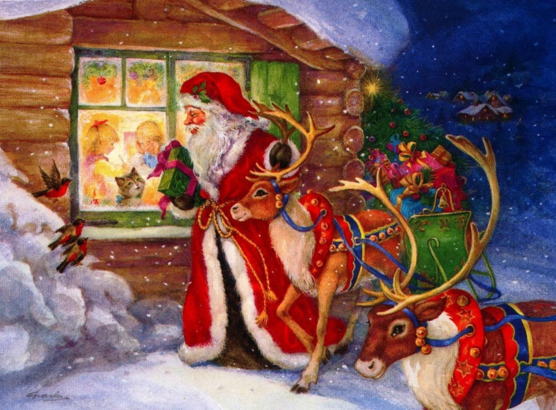 santa, claus, santa claus, holiday, 720P, birds, christmas, kids, window, gifts, reindeer