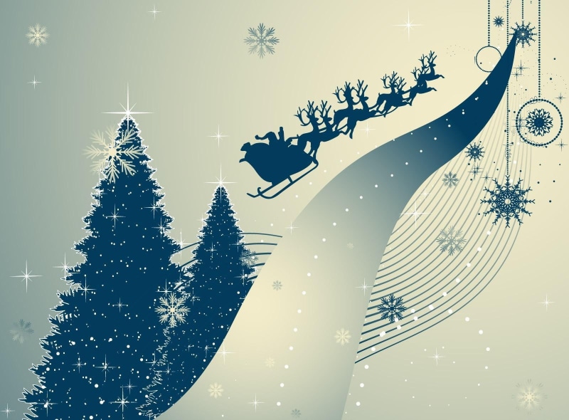 santa, christmas, tree, flying, snowflakes, trees, christmas trees, reindeer, 720P, santa claus, claus, sleigh
