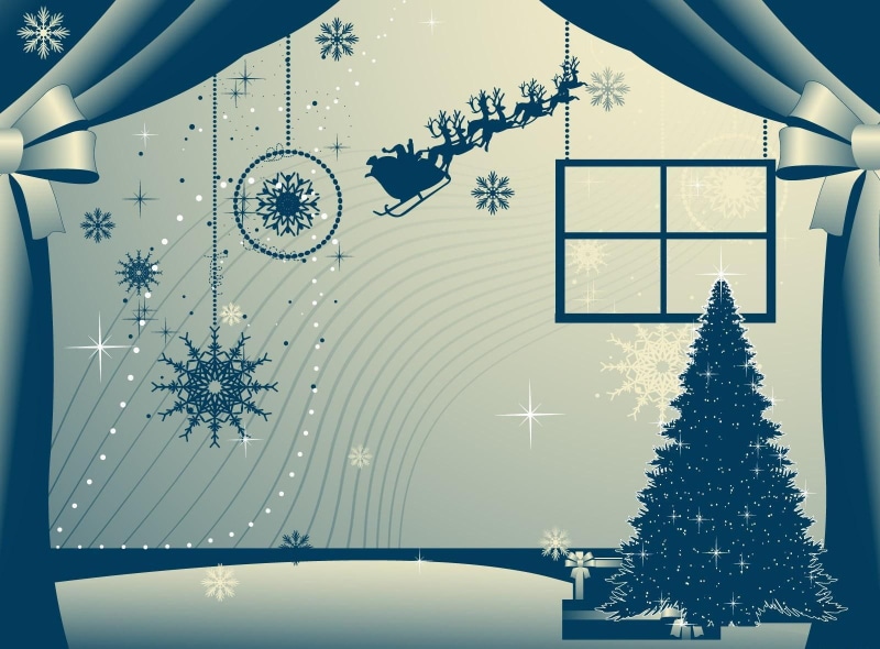 santa, christmas tree, reindeer, snowflakes, curtains, tree, santa claus, flying, claus, christmas, 720P, sleigh