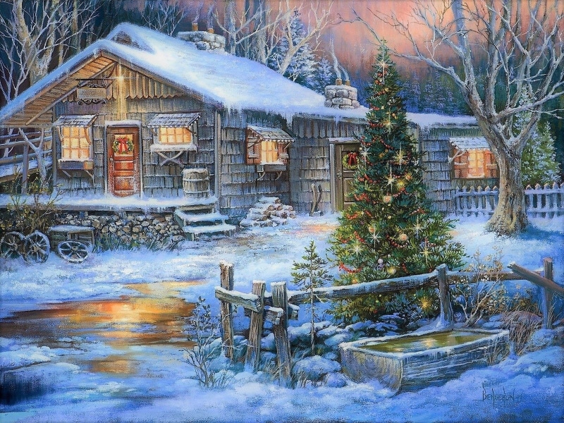 Christmas Tree, Country, Artistic, Christmas, Tree, Winter, Holiday, Painting, Snow, House, 720P