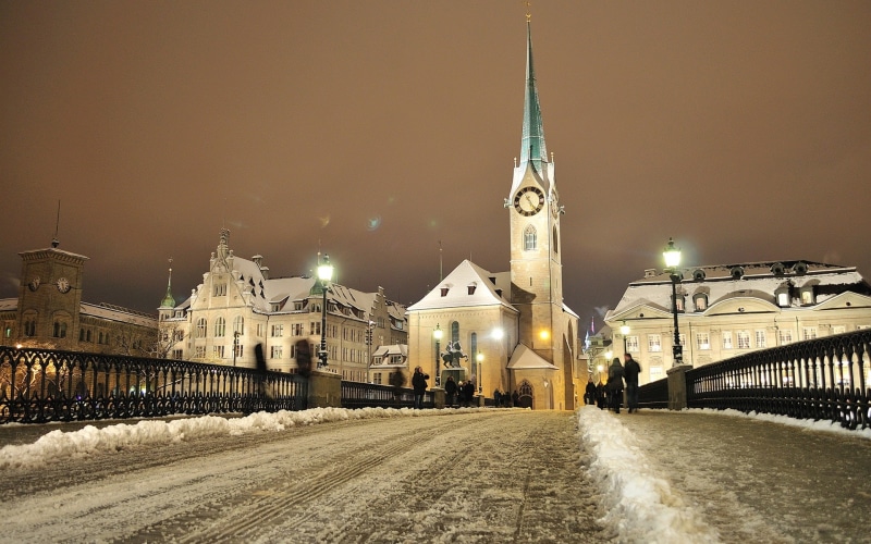 Zurich, House, People, 1080P, Switzerland, Winter, Night, Snow, Lights