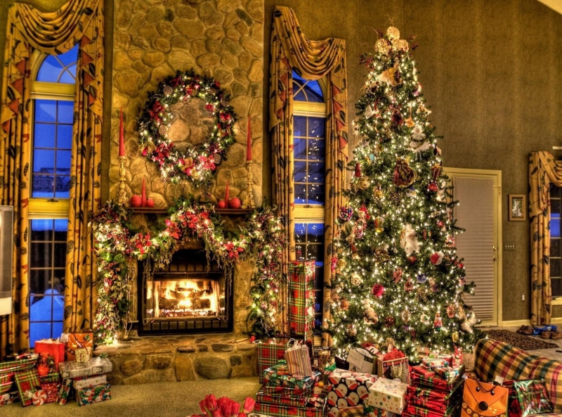 tree, wreath, home, fireplace, 1080P, comfort, christmas, lot, decor, presents