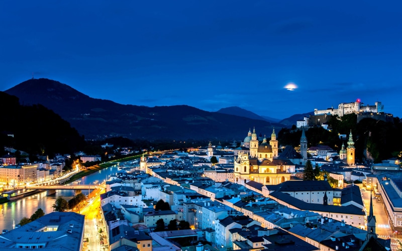 Mountains, Street, 2K, Austria, Night, Lights, City, Houses, Salzburg