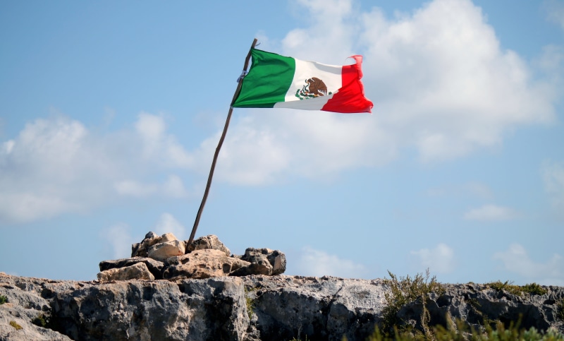 flag, cliff, Mexico, rock - object, solid, red, waving, wind, national icon, no people, environment, outdoors, Sky, pierre, blue, pride, patriotism, day