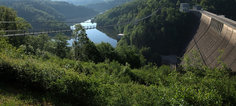 fuel and Power Generation, scenics - nature, tree, built structure, mountain, bridge, longest, tranquility, beauty in nature, tranquil scene, dam, rappbodetalsperre