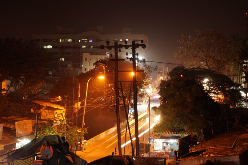 tree, city, nighttime, view, outdoors, sony, traffic, cityscape, moonlight, building exterior, no people, india, 5K, coimbatore, street, longexposure